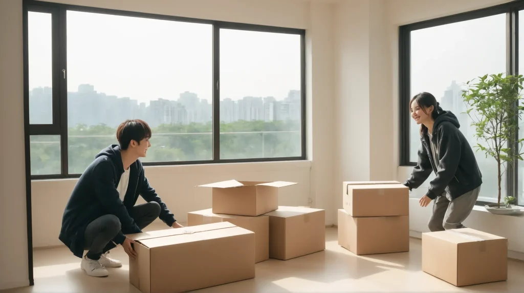 引っ越し中の若い夫婦